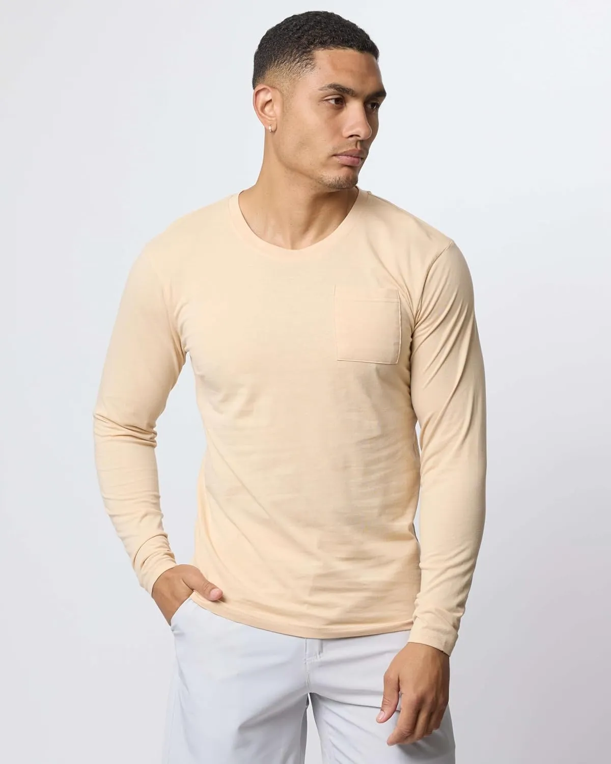 Real Essentials 3 Pack: Men's Cotton Performance Long Sleeve Crew Neck Pocket T-Shirt Athletic Top (Available in Big & Tall)