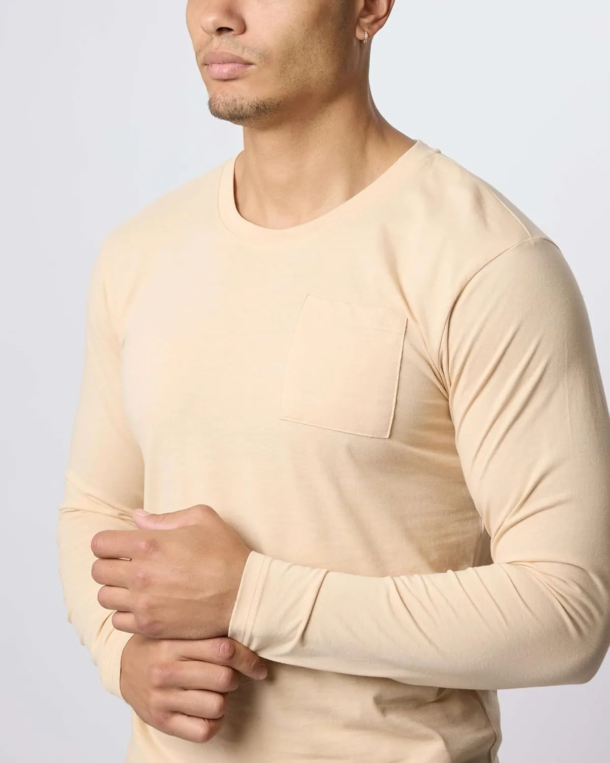 Real Essentials 3 Pack: Men's Cotton Performance Long Sleeve Crew Neck Pocket T-Shirt Athletic Top (Available in Big & Tall)