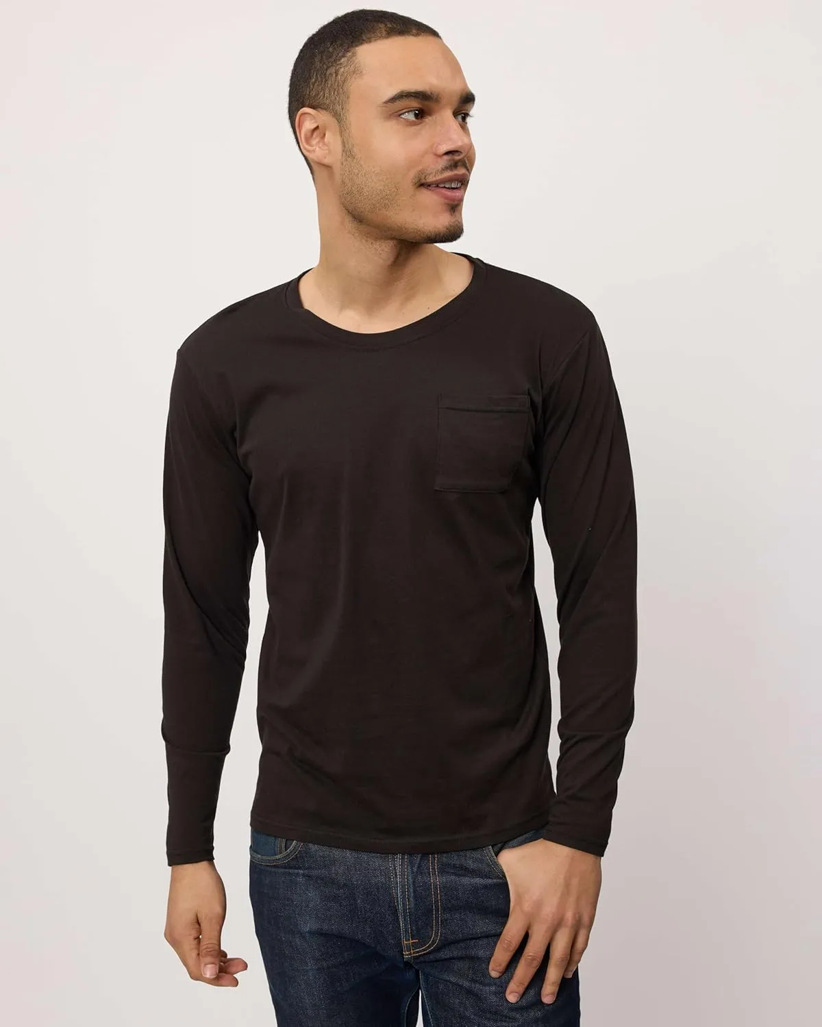 Real Essentials 3 Pack: Men's Cotton Performance Long Sleeve Crew Neck Pocket T-Shirt Athletic Top (Available in Big & Tall)