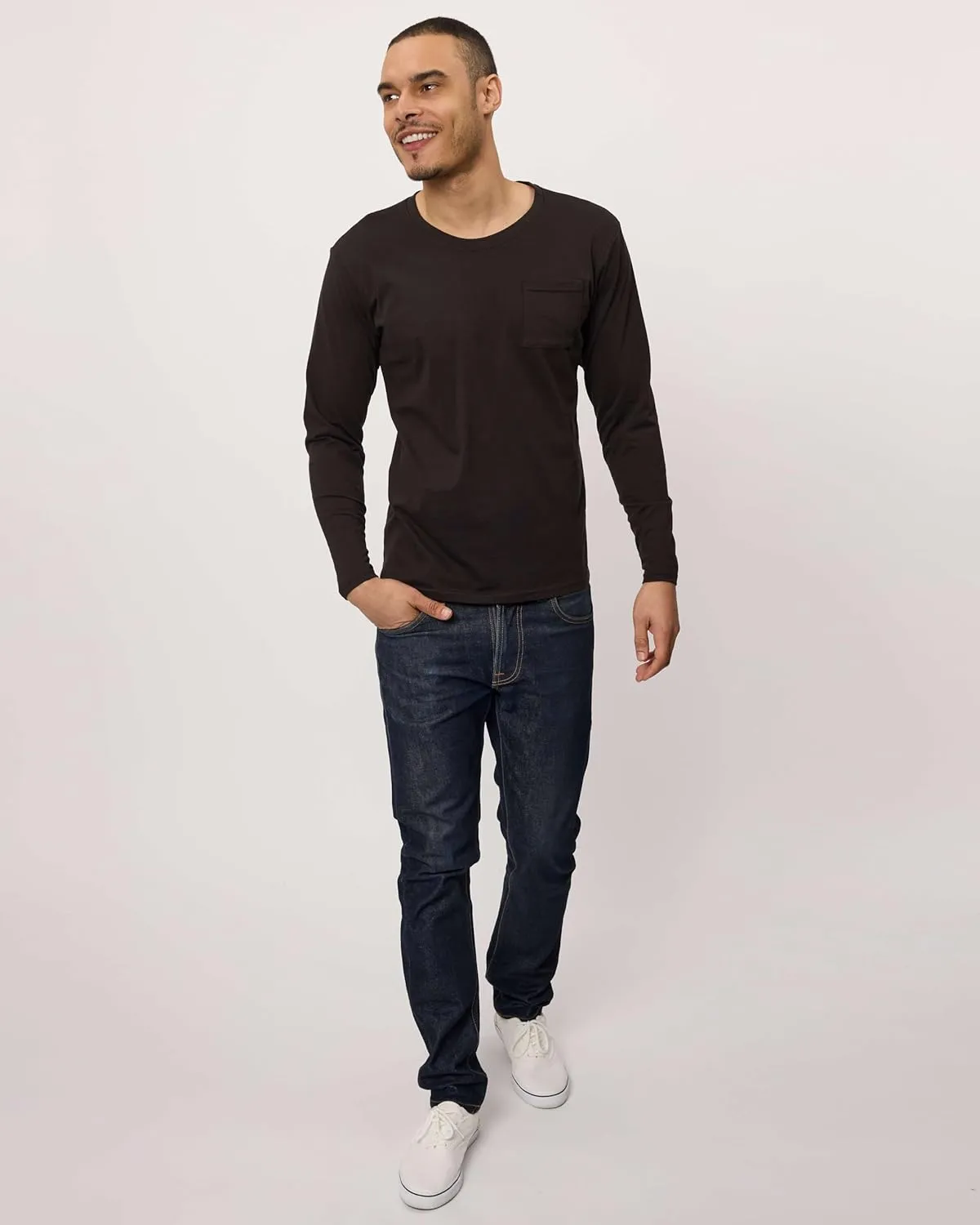 Real Essentials 3 Pack: Men's Cotton Performance Long Sleeve Crew Neck Pocket T-Shirt Athletic Top (Available in Big & Tall)