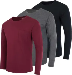 Real Essentials 3 Pack: Men's Cotton Performance Long Sleeve Crew Neck Pocket T-Shirt Athletic Top (Available in Big & Tall)