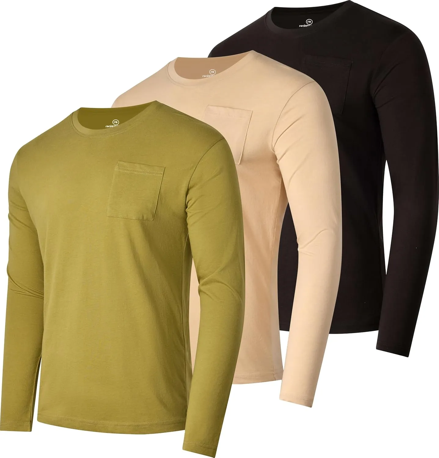 Real Essentials 3 Pack: Men's Cotton Performance Long Sleeve Crew Neck Pocket T-Shirt Athletic Top (Available in Big & Tall)