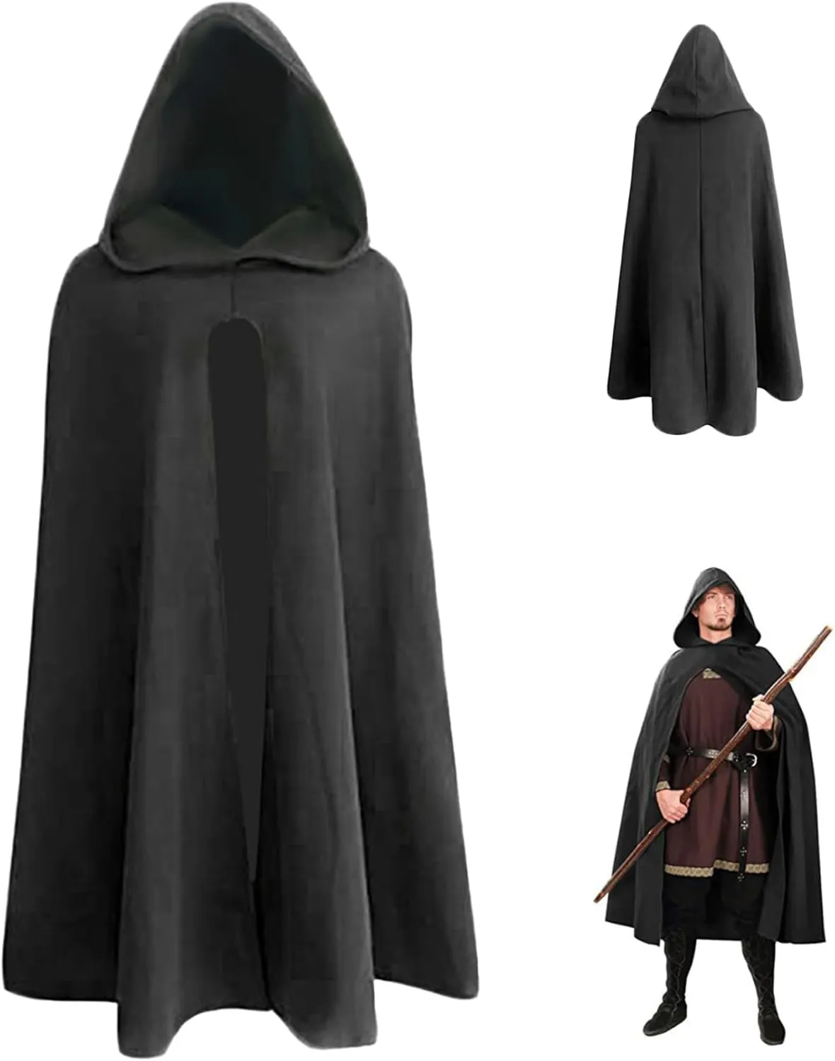 Renaissance Cloak 39.4'' Long Black Polyester Hooded Cloak Soft Breathable Pullover Retro Medieval for Halloween Hobbit Viking Cosplay Costumes, Small