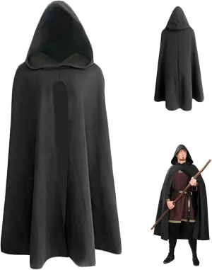 Renaissance Cloak 39.4'' Long Black Polyester Hooded Cloak Soft Breathable Pullover Retro Medieval for Halloween Hobbit Viking Cosplay Costumes, Small