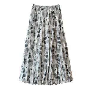 Retro Ink Painting Floral Skirt Spring Summer Maxi Dress High Waist Slimming Drape Mid-Length Pleated Skirt for Women
