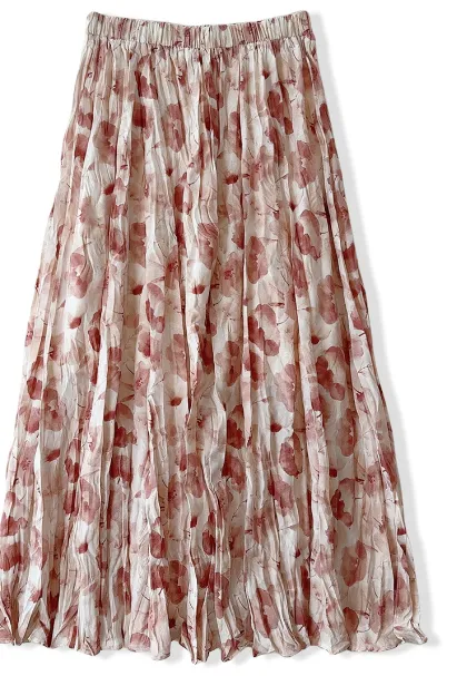 Retro Ink Painting Floral Skirt Spring Summer Maxi Dress High Waist Slimming Drape Mid-Length Pleated Skirt for Women