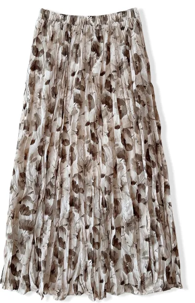 Retro Ink Painting Floral Skirt Spring Summer Maxi Dress High Waist Slimming Drape Mid-Length Pleated Skirt for Women