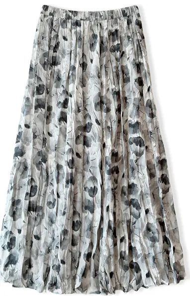 Retro Ink Painting Floral Skirt Spring Summer Maxi Dress High Waist Slimming Drape Mid-Length Pleated Skirt for Women