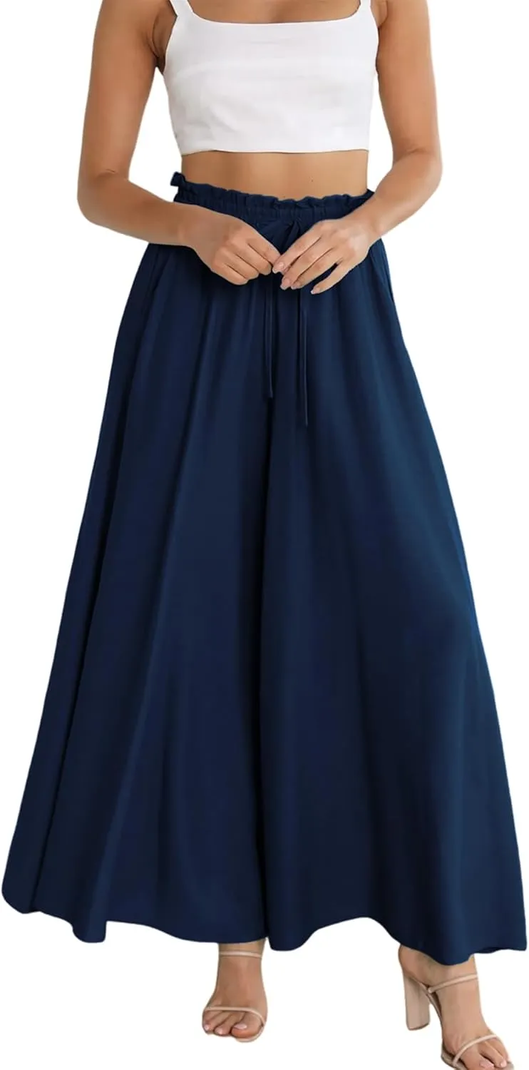 R.Vivimos Women's Wide Leg Lounge Pants Elastic High Waisted Drawstring Tie Casual Flowy Palazzo Pants Trousers with Pockets