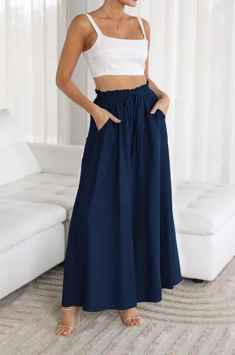 R.Vivimos Women's Wide Leg Lounge Pants Elastic High Waisted Drawstring Tie Casual Flowy Palazzo Pants Trousers with Pockets
