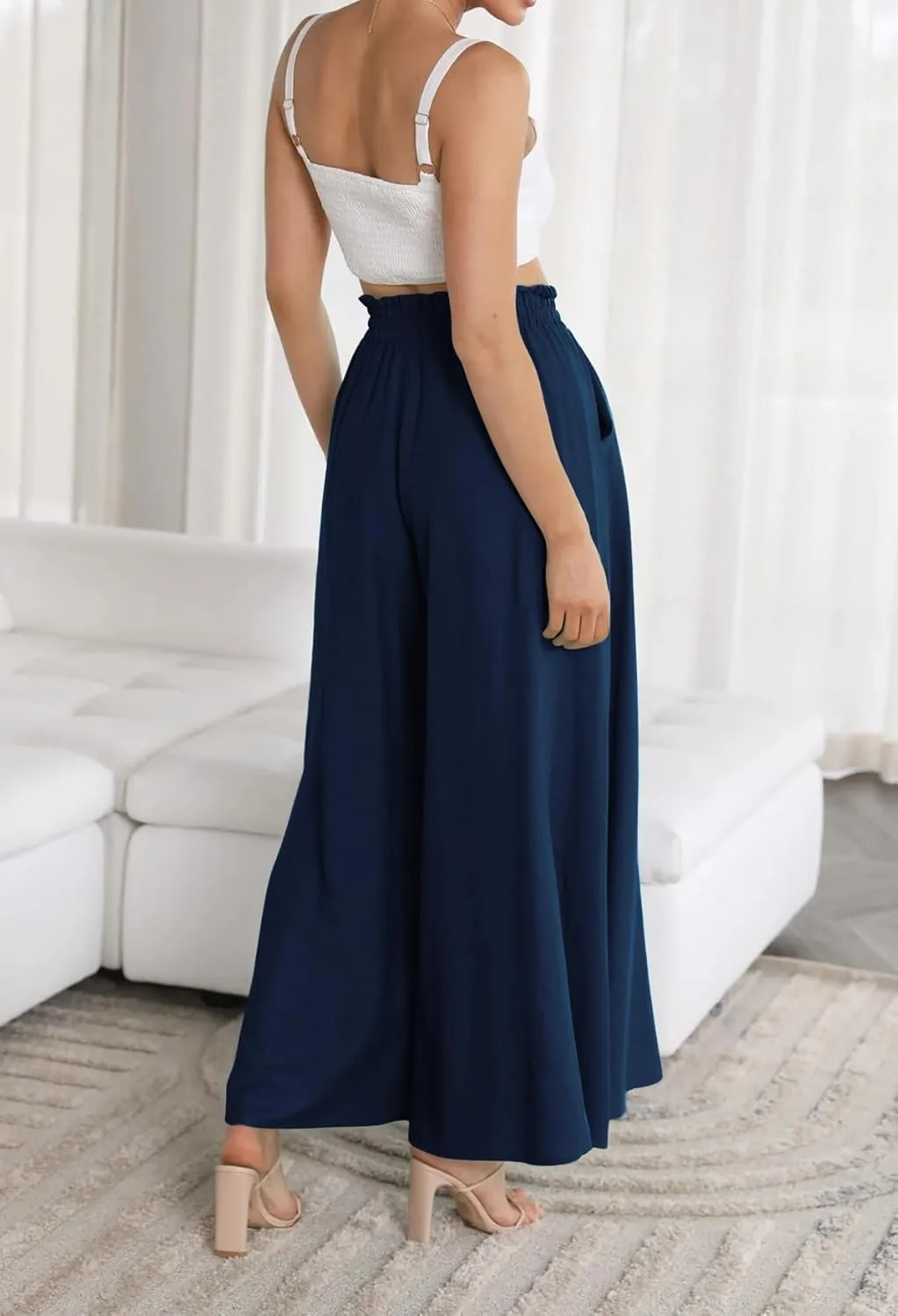 R.Vivimos Women's Wide Leg Lounge Pants Elastic High Waisted Drawstring Tie Casual Flowy Palazzo Pants Trousers with Pockets
