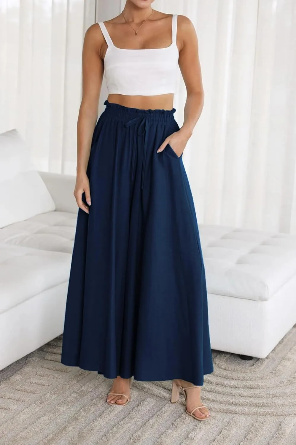 R.Vivimos Women's Wide Leg Lounge Pants Elastic High Waisted Drawstring Tie Casual Flowy Palazzo Pants Trousers with Pockets