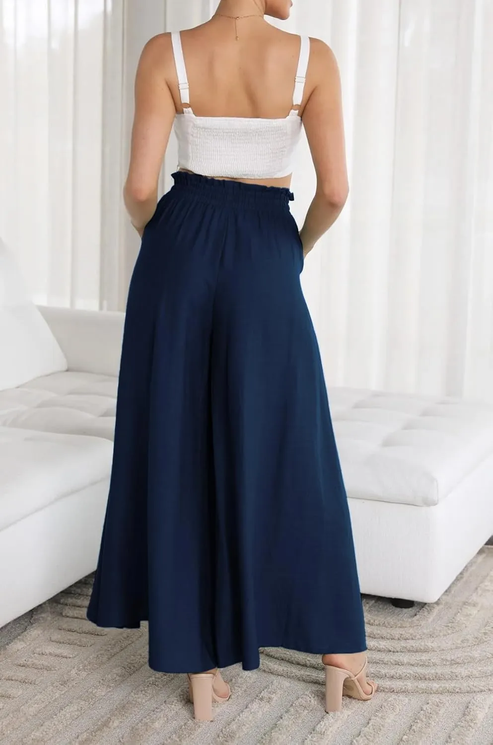 R.Vivimos Women's Wide Leg Lounge Pants Elastic High Waisted Drawstring Tie Casual Flowy Palazzo Pants Trousers with Pockets