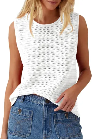 Saodimallsu Womens Crochet Tank Tops Summer Sleeveless Crew Neck Basic Mesh Knit Loose Pullover Sweater Vest