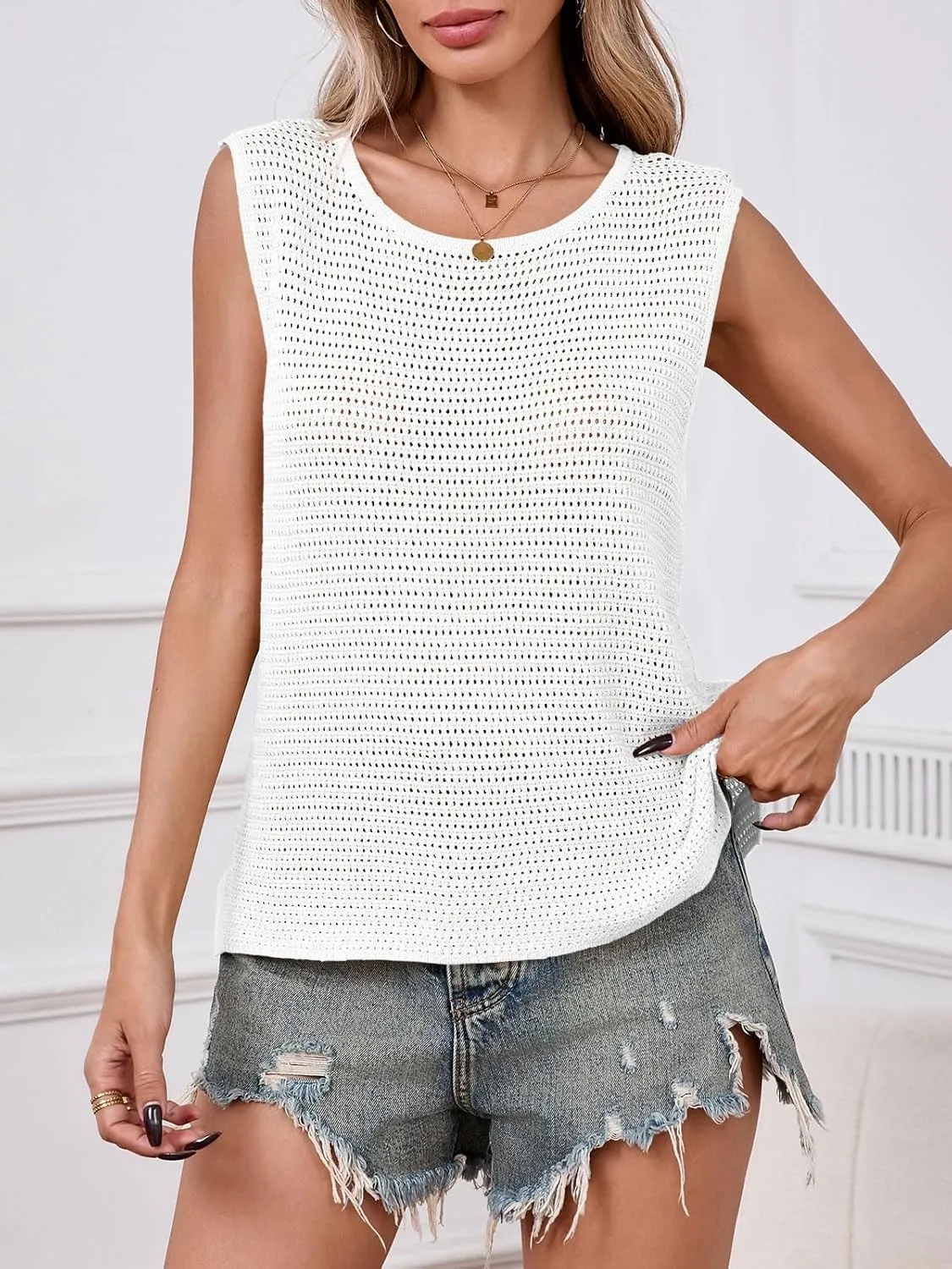 Saodimallsu Womens Crochet Tank Tops Summer Sleeveless Crew Neck Basic Mesh Knit Loose Pullover Sweater Vest