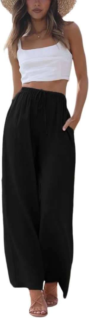 SCUSTY Women's Summer Cotton Linen Wide Leg Pants Drawstring High Waist Palazzo Flowy Beach Trousers with Pockets