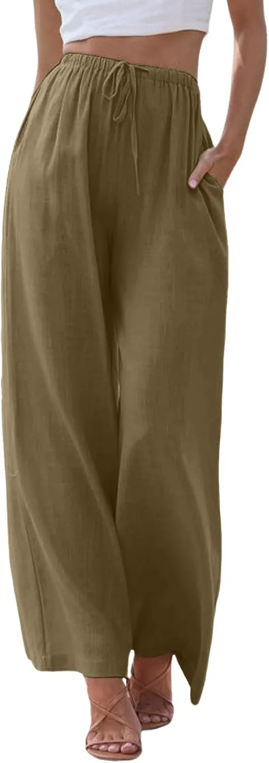 sdbrld Pantalones De Lino De Las Mujeres Linen Wide Leg Pants for Women Shorts Linen Pants Women Summer,Womens Linen Pants with Pockets High Waist Adjustable Knot Casual Trousers (Z41-Brown, L)