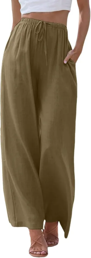 sdbrld Pantalones De Lino De Las Mujeres Linen Wide Leg Pants for Women Shorts Linen Pants Women Summer,Womens Linen Pants with Pockets High Waist Adjustable Knot Casual Trousers (Z41-Brown, L)