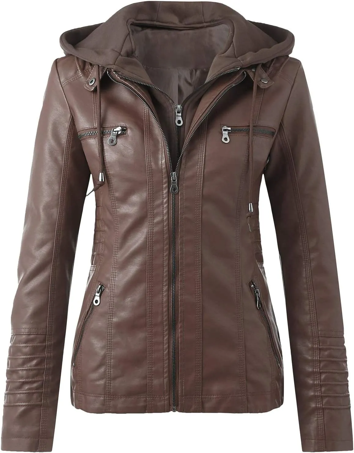 SHAOBGE Jacket Long Leather Women's Slim Zip Belt Tops Stand Jacket Suit Collar Motorcycle Coat Women's Coat Jackets