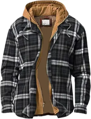 SHAOBGE Mens Fleece Lined Flannel Plaid Shirts Jacket Button Down Sherpa Jackets with Hood Long Sleeve Winter Hooded Coats