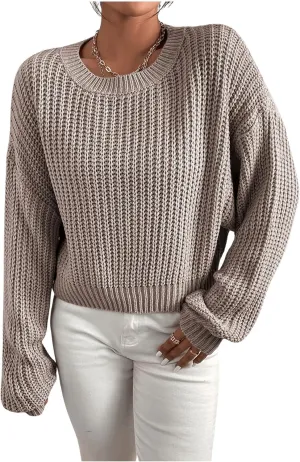 SHENHE Women's Cropped Pullover Sweater Dolman Sleeve Crew Neck Soft Knitted Sweater