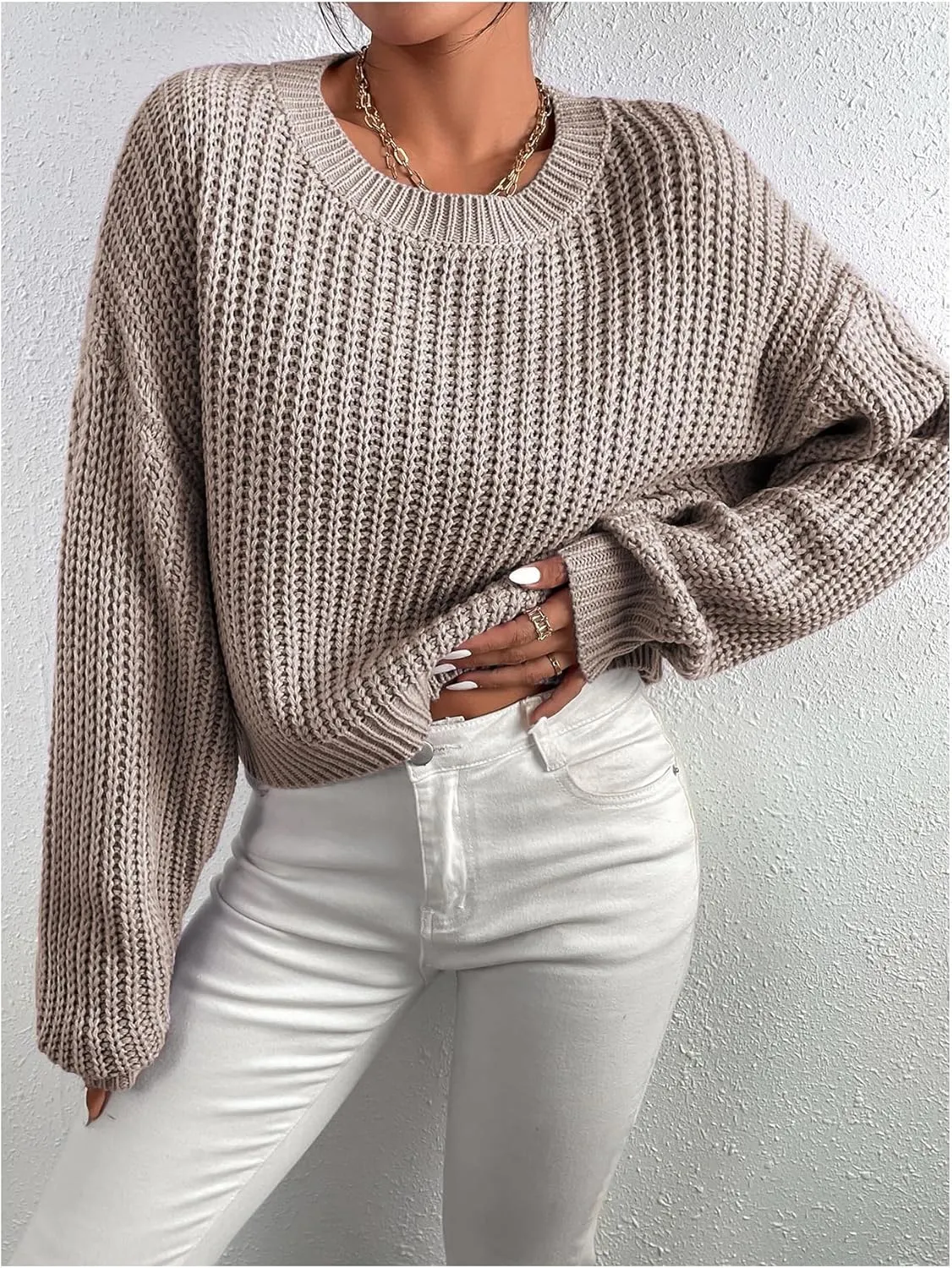 SHENHE Women's Cropped Pullover Sweater Dolman Sleeve Crew Neck Soft Knitted Sweater