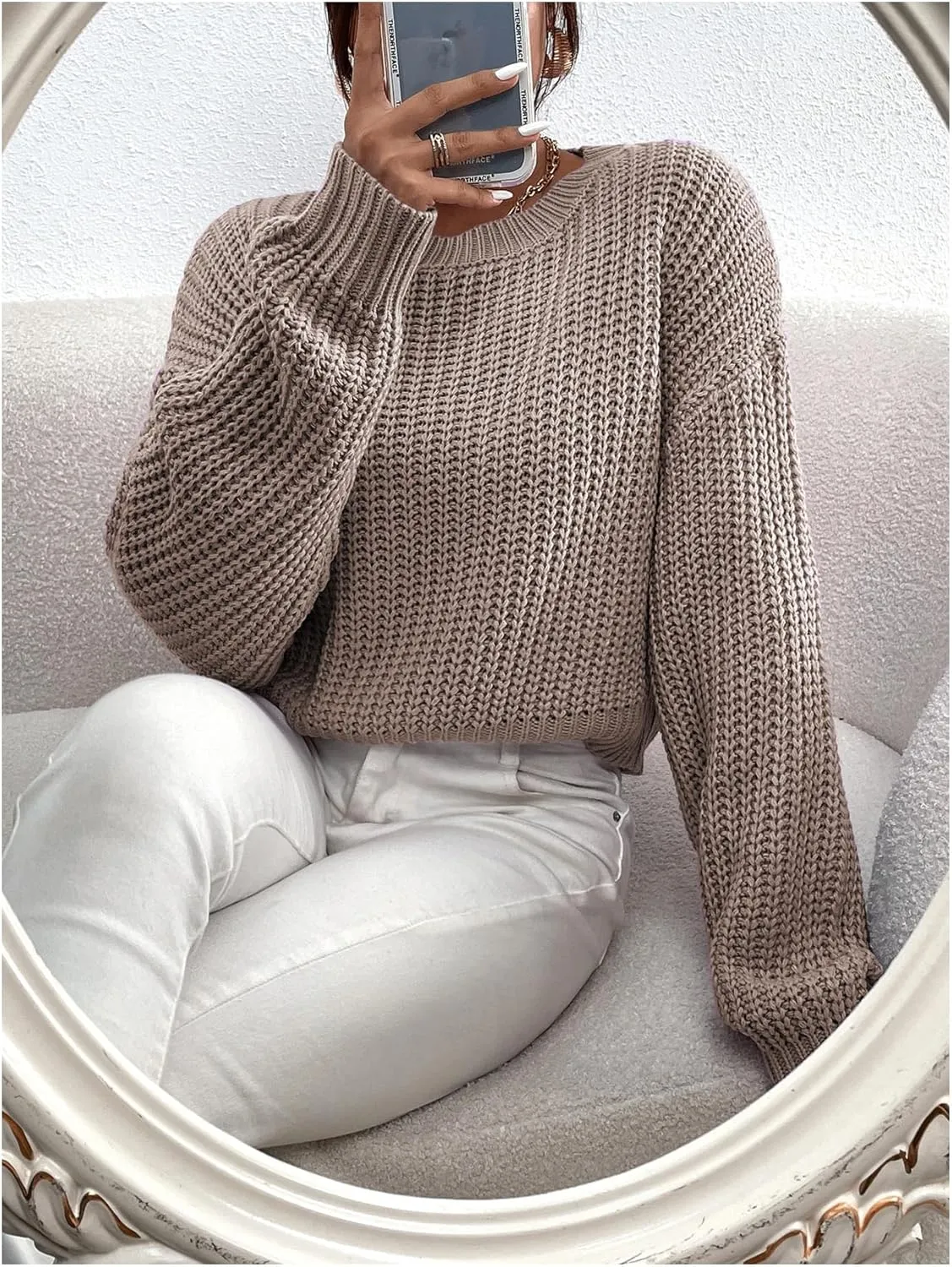 SHENHE Women's Cropped Pullover Sweater Dolman Sleeve Crew Neck Soft Knitted Sweater