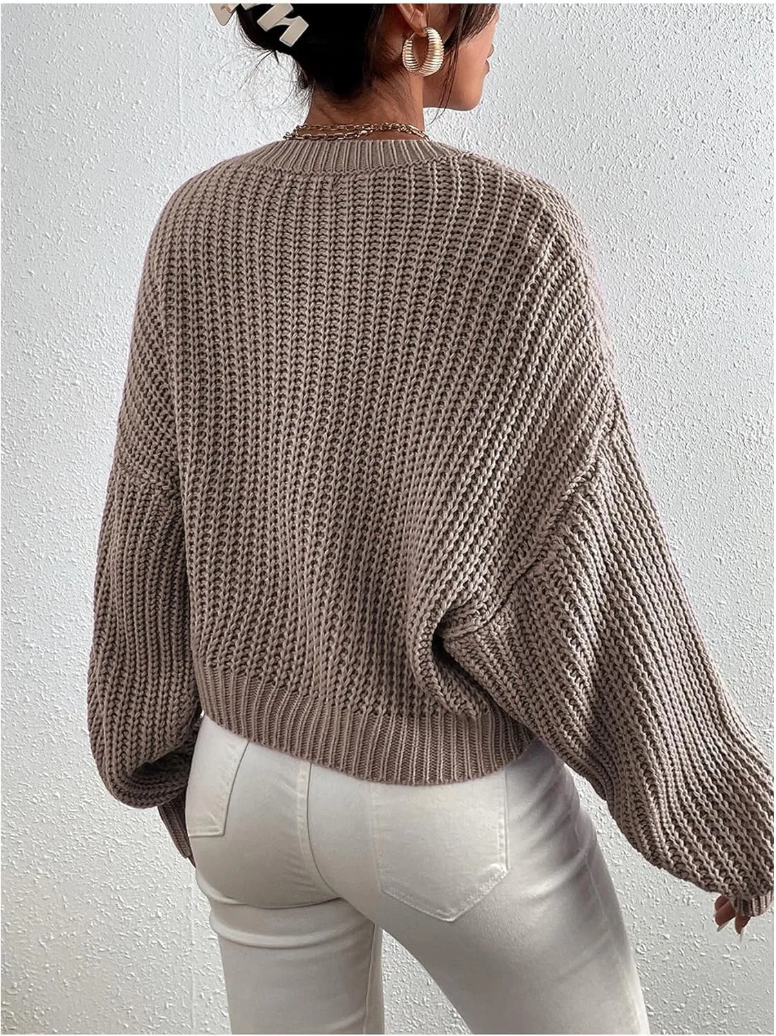 SHENHE Women's Cropped Pullover Sweater Dolman Sleeve Crew Neck Soft Knitted Sweater