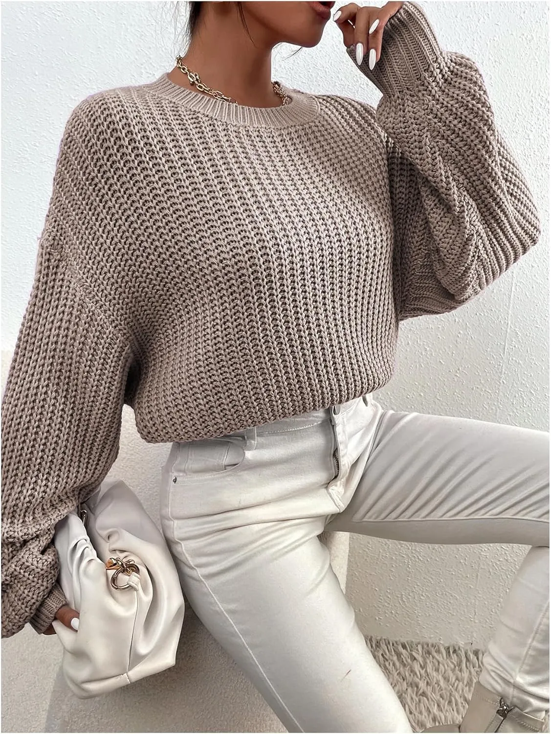 SHENHE Women's Cropped Pullover Sweater Dolman Sleeve Crew Neck Soft Knitted Sweater