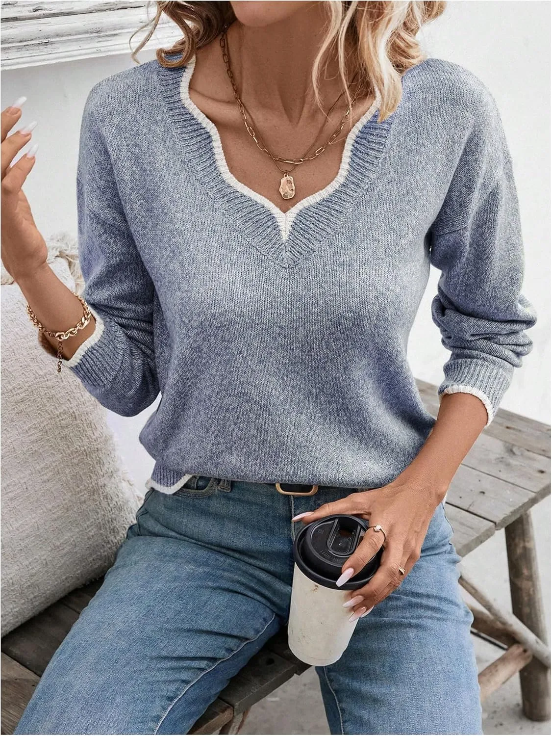 SHENHE Women's V Neck Pullover Sweater Scallop Trim Drop Shoulder Loose Casual Knit Sweater