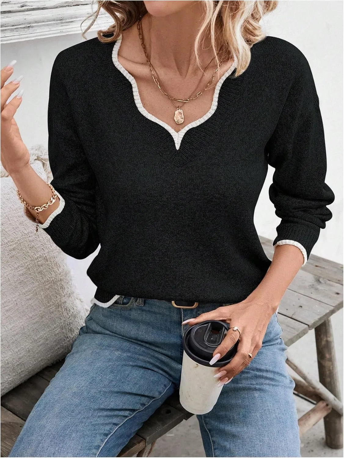 SHENHE Women's V Neck Pullover Sweater Scallop Trim Drop Shoulder Loose Casual Knit Sweater