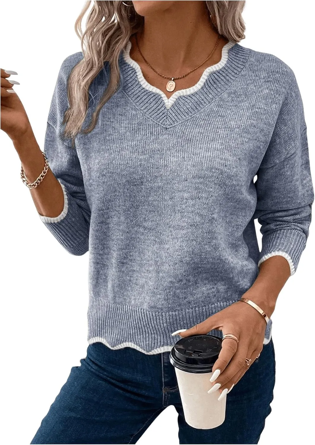 SHENHE Women's V Neck Pullover Sweater Scallop Trim Drop Shoulder Loose Casual Knit Sweater