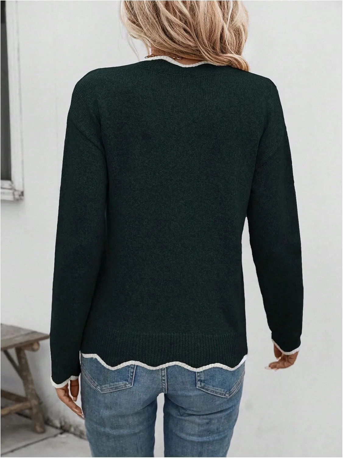 SHENHE Women's V Neck Pullover Sweater Scallop Trim Drop Shoulder Loose Casual Knit Sweater