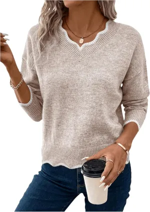SHENHE Women's V Neck Pullover Sweater Scallop Trim Drop Shoulder Loose Casual Knit Sweater