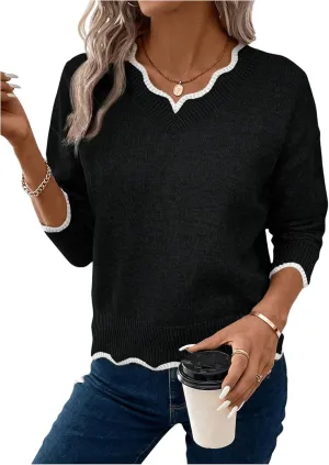 SHENHE Women's V Neck Pullover Sweater Scallop Trim Drop Shoulder Loose Casual Knit Sweater