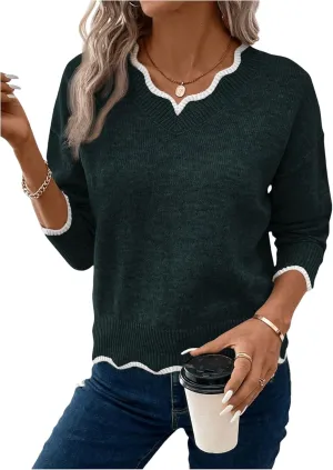 SHENHE Women's V Neck Pullover Sweater Scallop Trim Drop Shoulder Loose Casual Knit Sweater