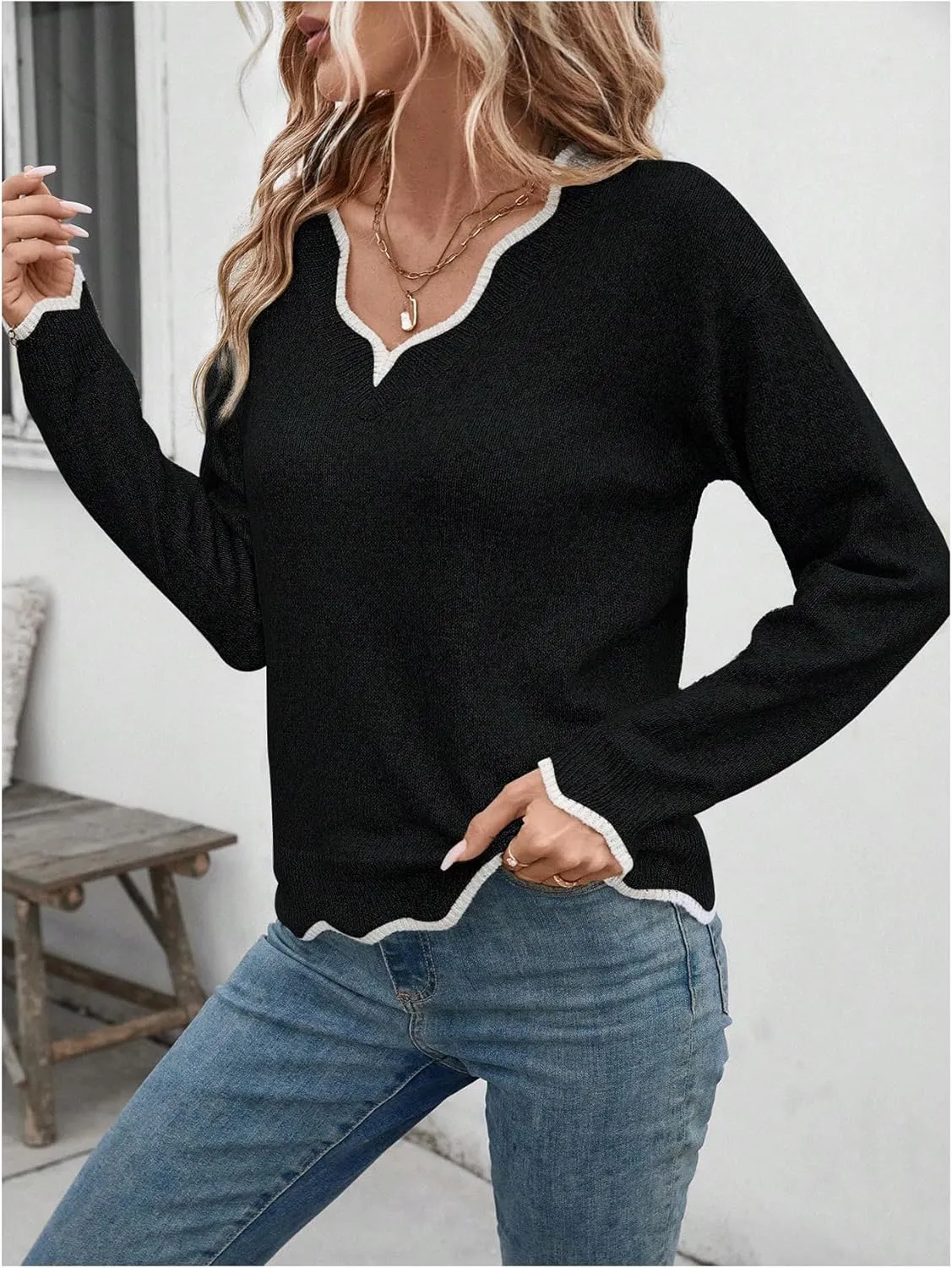 SHENHE Women's V Neck Pullover Sweater Scallop Trim Drop Shoulder Loose Casual Knit Sweater