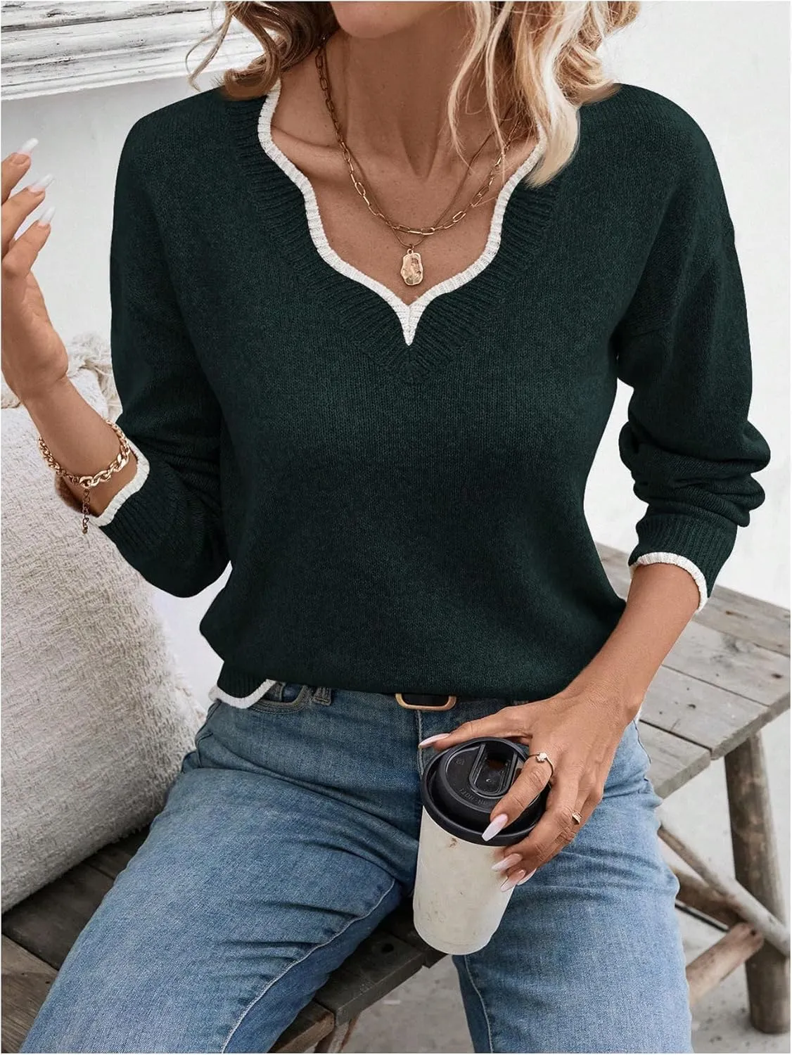 SHENHE Women's V Neck Pullover Sweater Scallop Trim Drop Shoulder Loose Casual Knit Sweater