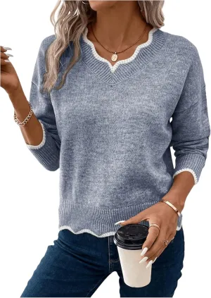 SHENHE Women's V Neck Pullover Sweater Scallop Trim Drop Shoulder Loose Casual Knit Sweater