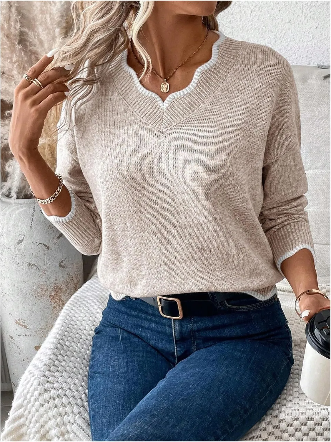 SHENHE Women's V Neck Pullover Sweater Scallop Trim Drop Shoulder Loose Casual Knit Sweater