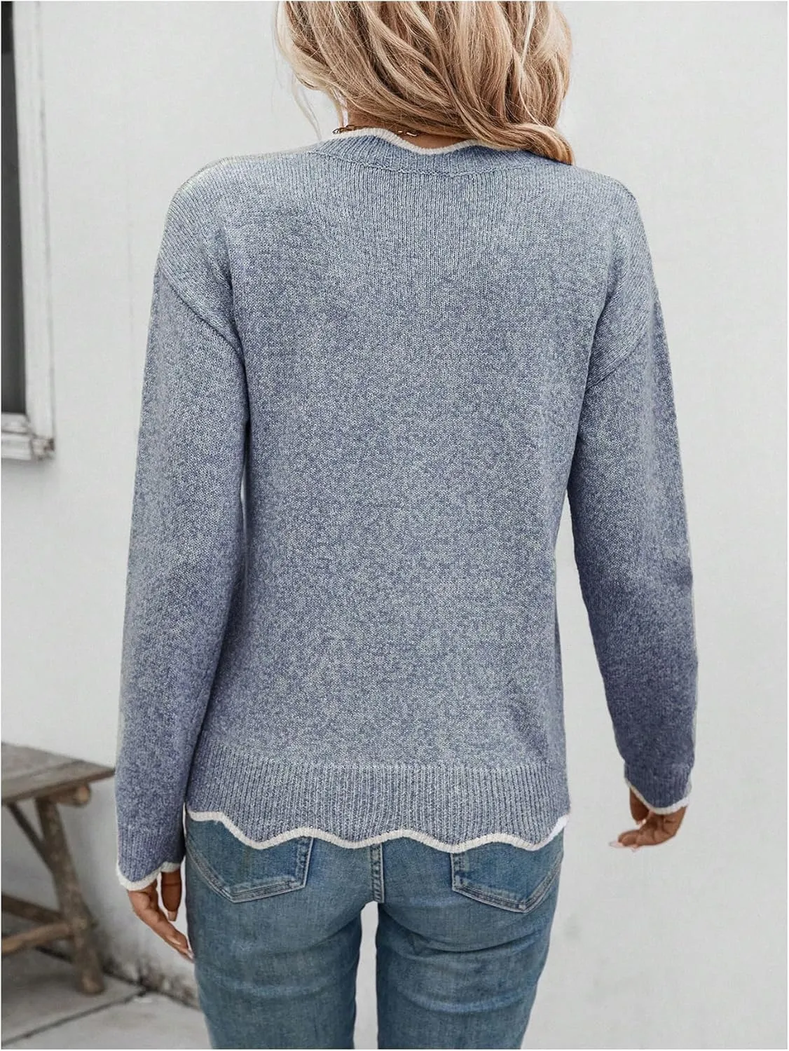SHENHE Women's V Neck Pullover Sweater Scallop Trim Drop Shoulder Loose Casual Knit Sweater