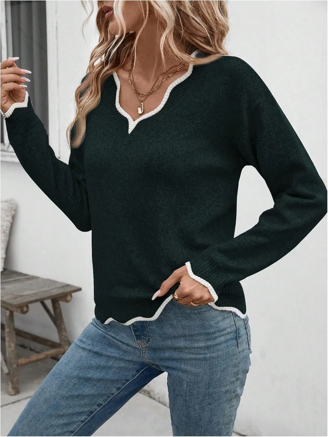 SHENHE Women's V Neck Pullover Sweater Scallop Trim Drop Shoulder Loose Casual Knit Sweater
