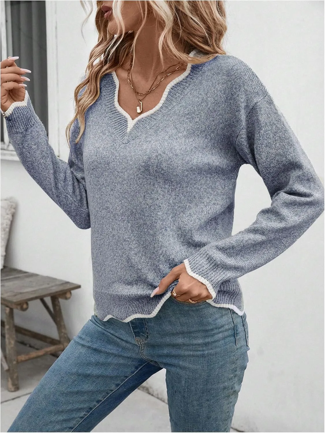 SHENHE Women's V Neck Pullover Sweater Scallop Trim Drop Shoulder Loose Casual Knit Sweater