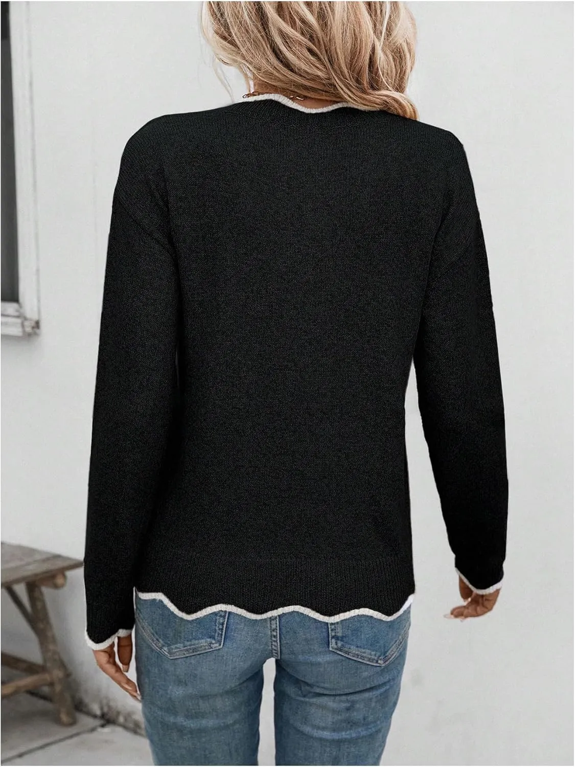 SHENHE Women's V Neck Pullover Sweater Scallop Trim Drop Shoulder Loose Casual Knit Sweater