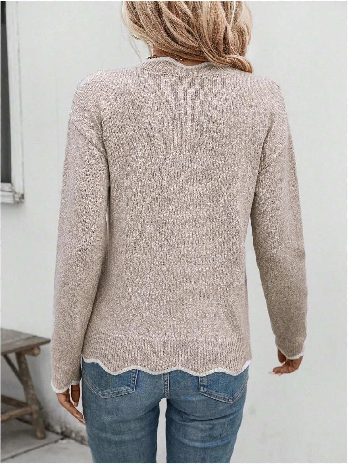 SHENHE Women's V Neck Pullover Sweater Scallop Trim Drop Shoulder Loose Casual Knit Sweater