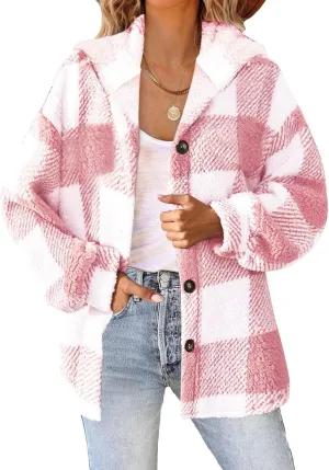 Sherpa Jacket For Women Fuzzy Fleece Winter Coats Plaid Button Down Shacket Casual Warm Teddy Coat Outwear 2023
