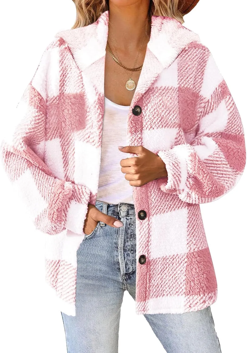 Sherpa Jacket For Women Fuzzy Fleece Winter Coats Plaid Button Down Shacket Casual Warm Teddy Coat Outwear 2023