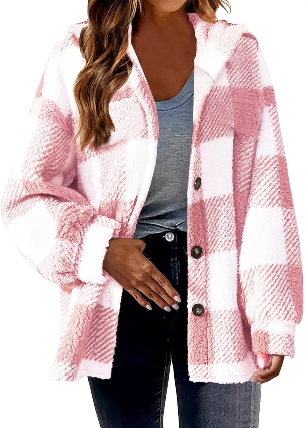 Sherpa Jacket For Women Fuzzy Fleece Winter Coats Plaid Button Down Shacket Casual Warm Teddy Coat Outwear 2023