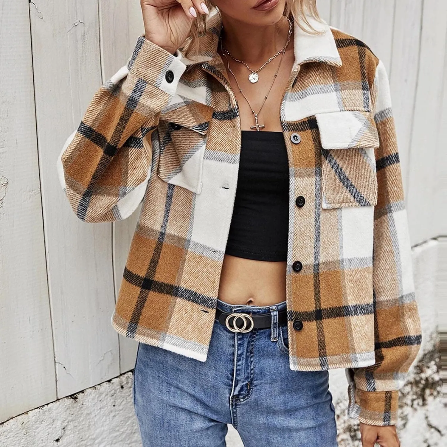 SMIDOW Women's Flannel Plaid Cropped Shacket Jacket Lapel Button Down Fall Fashion 2023 Woolen Coats Outerwear Casual Jackets