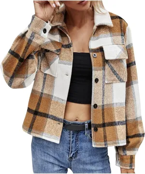 SMIDOW Women's Flannel Plaid Cropped Shacket Jacket Lapel Button Down Fall Fashion 2023 Woolen Coats Outerwear Casual Jackets